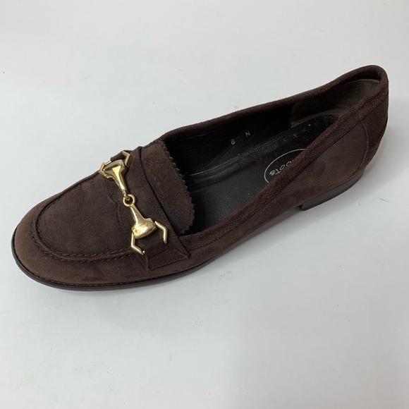 Talbots Women’s Brown Suede Flat Loafers With Gold Horse Bit Buckle Size 8 N - Picture 2 of 9